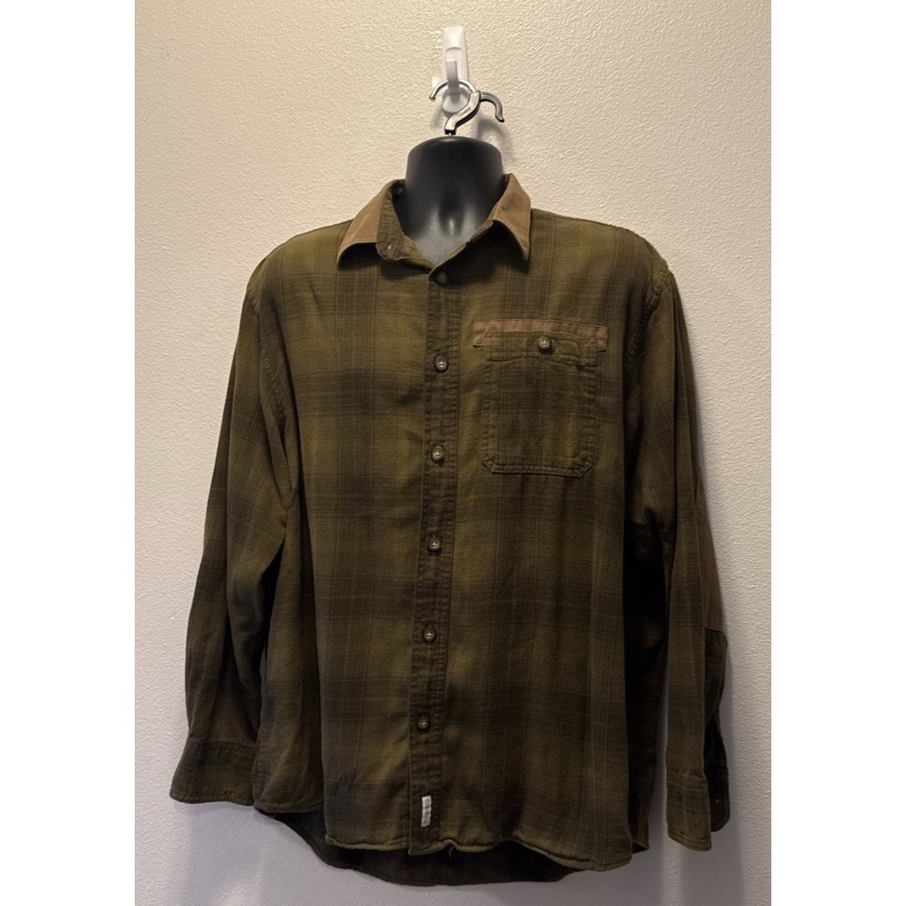 Cabelas Vintage Dark Green Brown Long Sleeve Flannel Elbow Patches Size‎ L